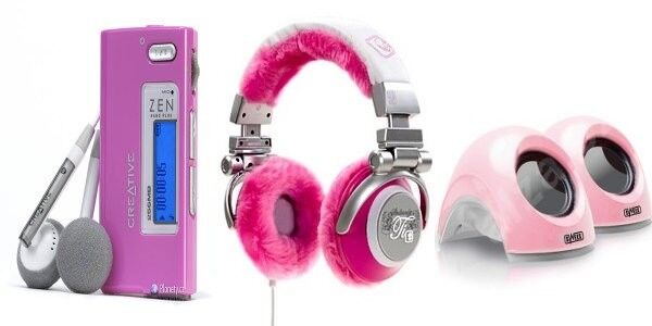 Růžová mp3, sluchátka a reproduktory